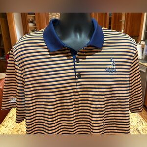 Pinehurst‎ Men's golf Polo. Sharp Blue/orange striped with iconic logo.